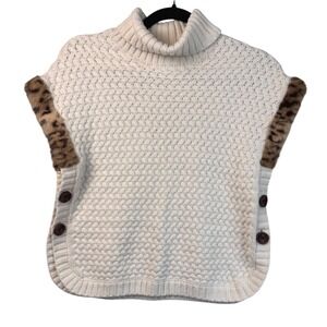 Aspen Kids Sweater Girls L 10/12 Cream Cable Knit Poncho Faux Fur Trim